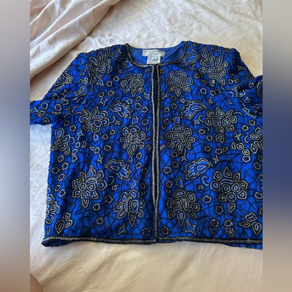 NWT Vintage 1980s Pappell Boutique blue beaded jacket size L. Cabbage Rose theme - Picture 10 of 16
